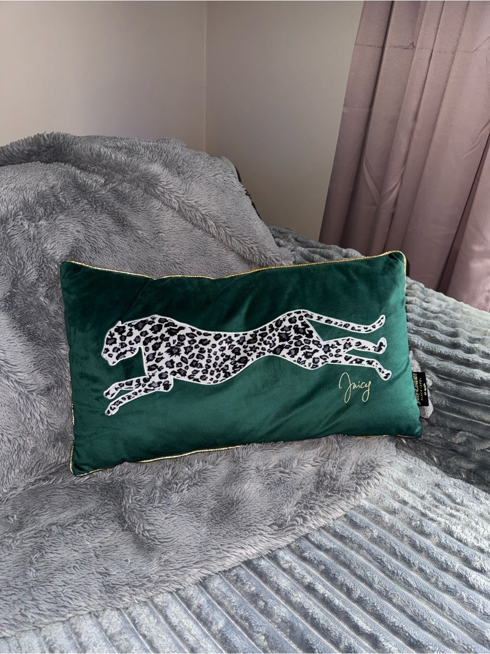 Juicy Couture Green/Gold Velvet Animal Print Rectangle Bed Pillow